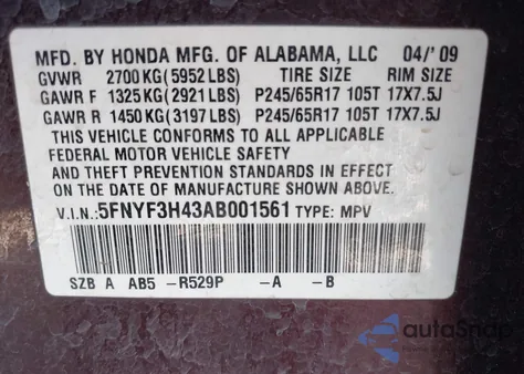 2010 Honda Pilot Ex z USA, uszkodzony, nr VIN 5FNYF3H43AB001561